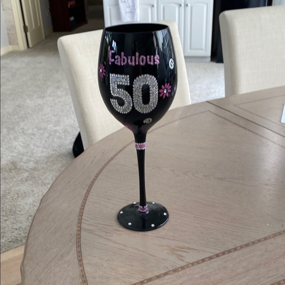 Fabulous 50 Black Wine Glass with Pink Accents